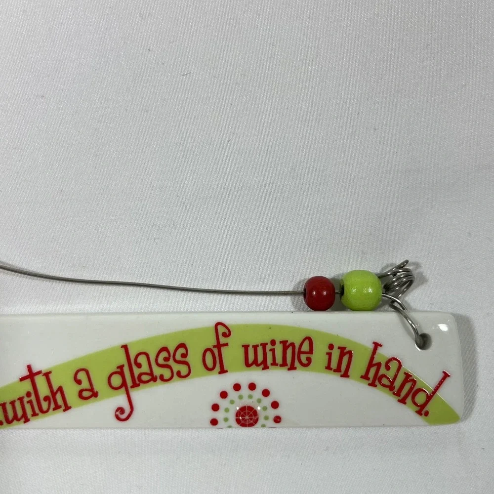 Holiday Cheer Wine Hand‎ Ceramic Ornament Red Green Beads Metal Hanger 8x1
